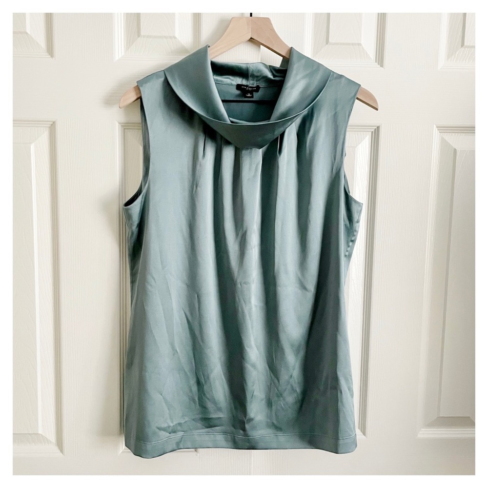 Ann Taylor Satin Cowl Neck Sleeveless Top in Soft Sage